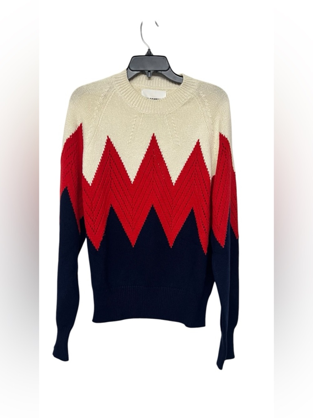NEW‎ Jil Sander Cotton Pointelle Chevron Knit Crewneck Sweater - Cream/Red/Navy